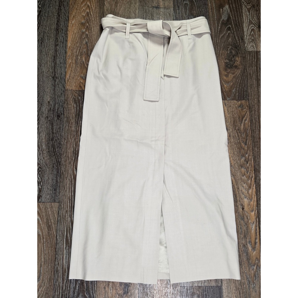 Ann Taylor Loft Beige Wool Blend Belted Maxi Skirt Button Front Slit Size 6